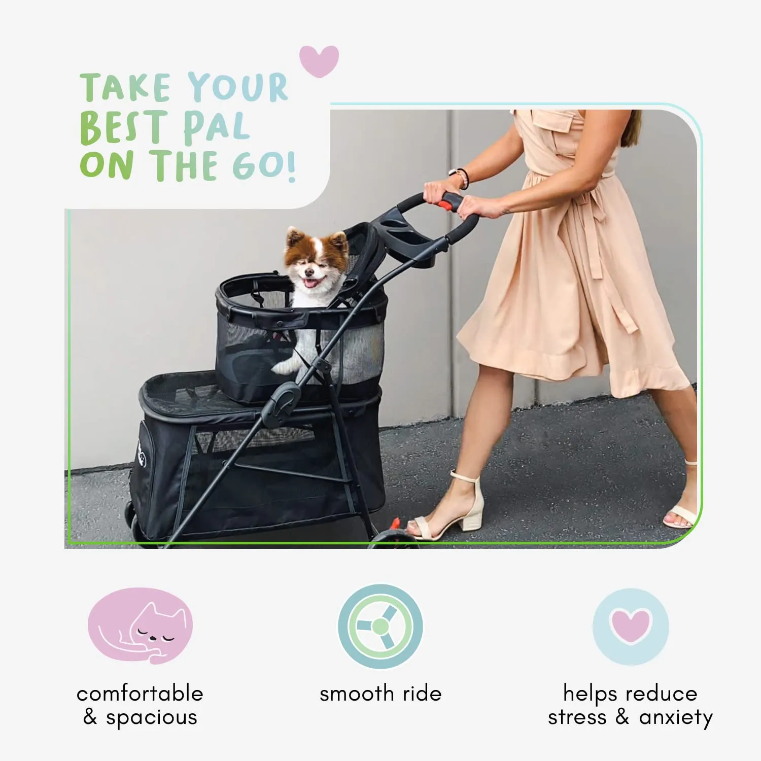 Double Decker Pet Stroller - Black: Dual Bassinets for Multiple Pets, Removable Pee Pads, Adjustable Leashes, Mesh Windows, Swivel Wheel, One-Hand Fold, Lightweight, for Small/Medium Dogs/Cats/Pets