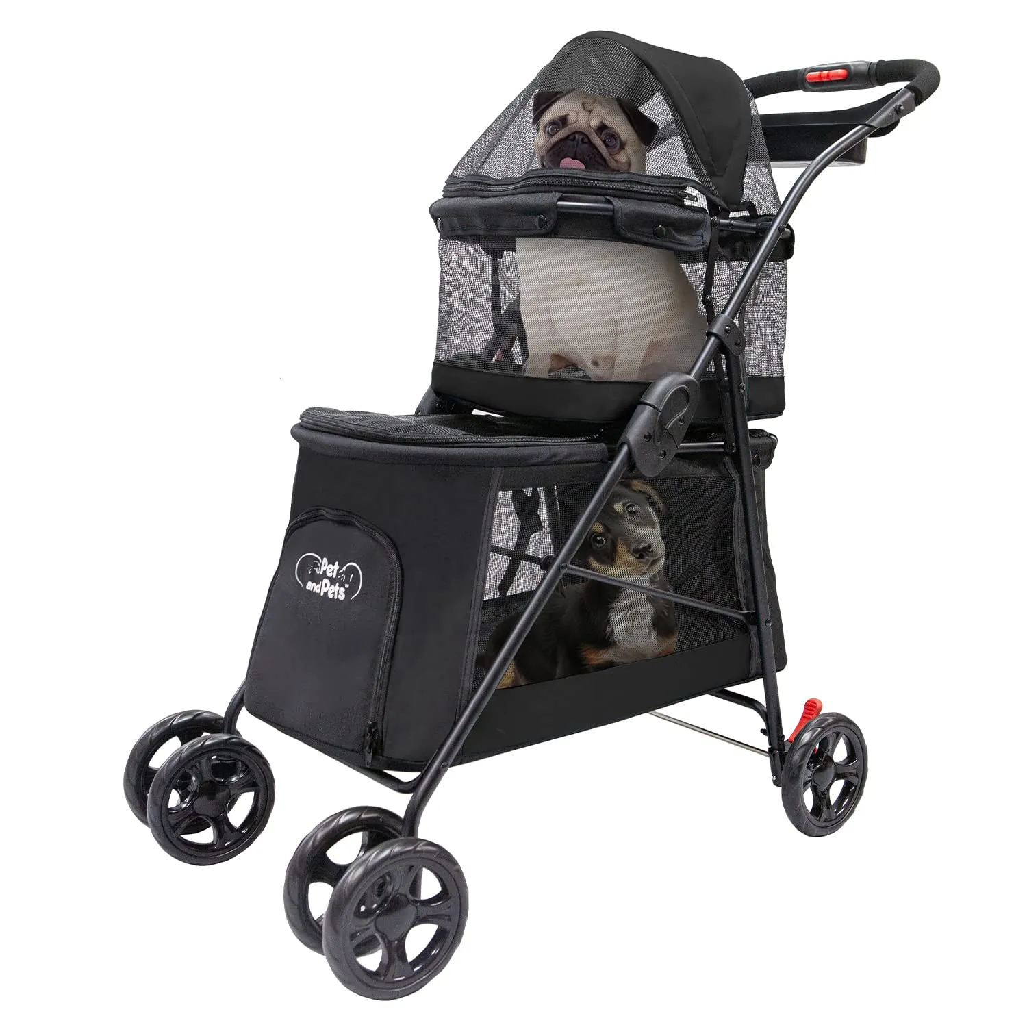 Double Decker Pet Stroller - Black: Dual Bassinets for Multiple Pets, Removable Pee Pads, Adjustable Leashes, Mesh Windows, Swivel Wheel, One-Hand Fold, Lightweight, for Small/Medium Dogs/Cats/Pets