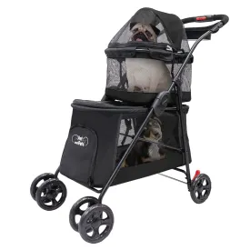 Double Decker Pet Stroller - Black: Dual Bassinets for Multiple Pets, Removable Pee Pads, Adjustable Leashes, Mesh Windows, Swivel Wheel, One-Hand Fold, Lightweight, for Small/Medium Dogs/Cats/Pets