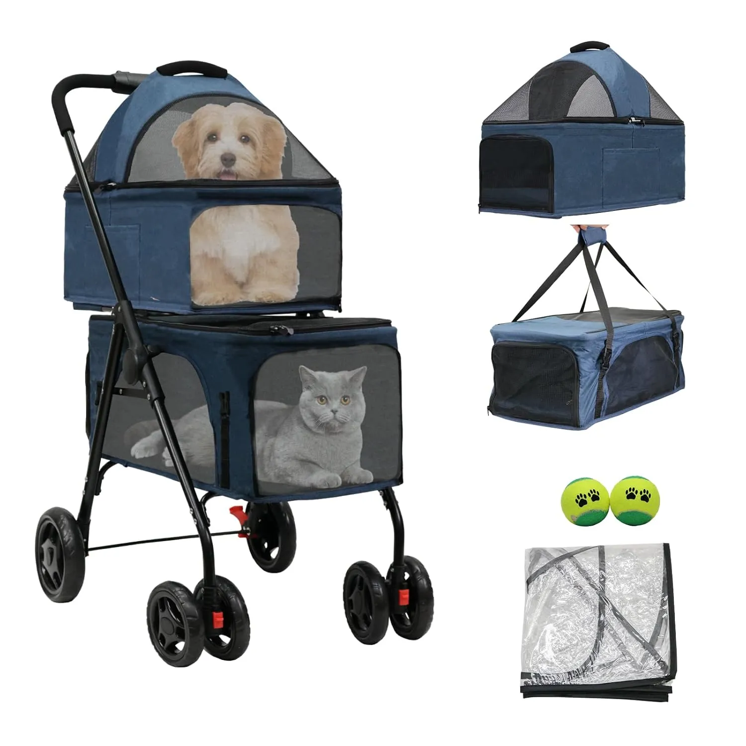 Double pet Stroller with Detachable Carriers,Safety Belt, Lockable Wheels, Foldable Double Dog Stroller for Small Medium Dogs Cats,Blue