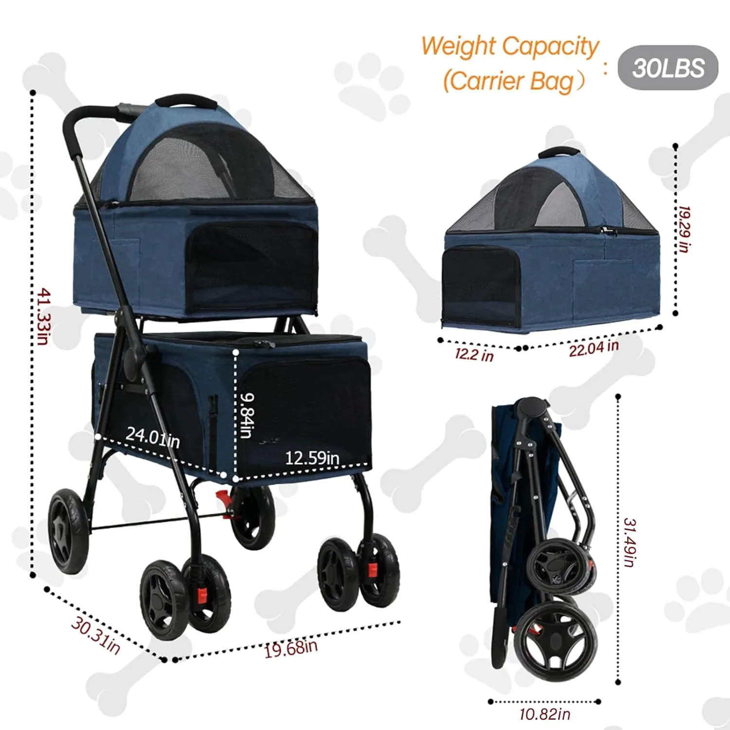 Double pet Stroller with Detachable Carriers,Safety Belt, Lockable Wheels, Foldable Double Dog Stroller for Small Medium Dogs Cats,Blue