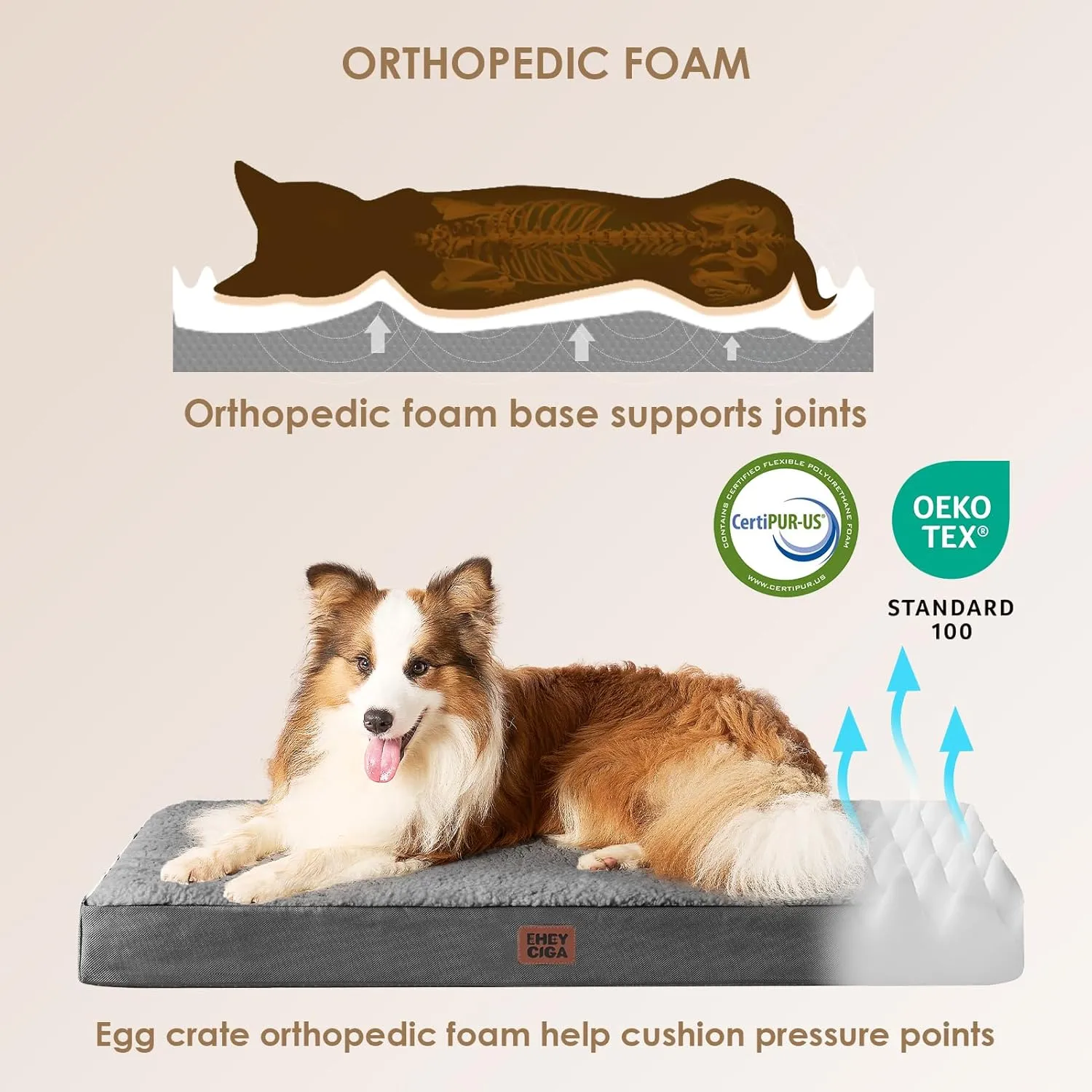 EHEYCIGA Orthopedic XXL Dog Beds for Jumbo Dogs with Removable Washable Cover, Grey, 50x36