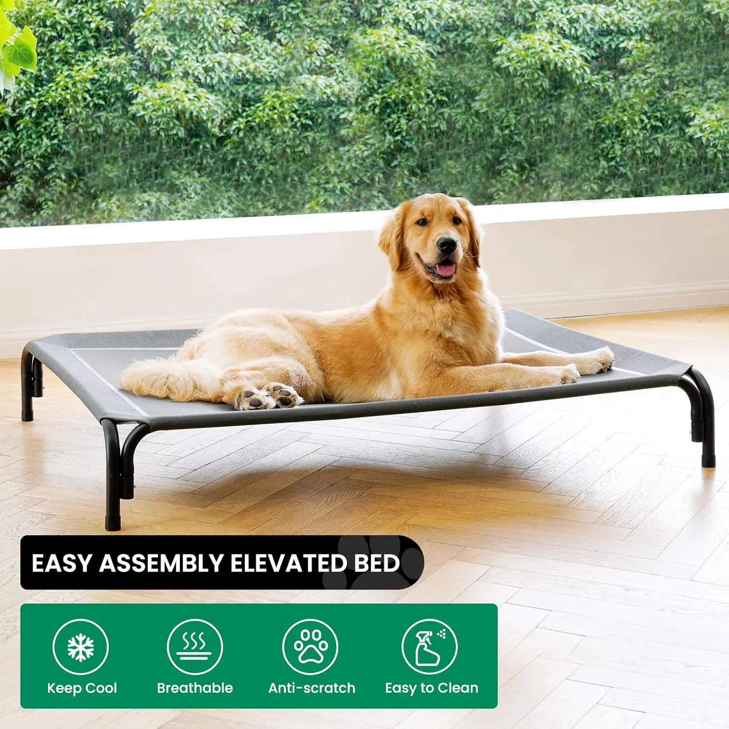 Elevated Dog Bed Raised Outdoor Dog Cot for Large Dogs, Installation Requires No Tools, Frame with Washable Cooling Breathable Mesh Anti-Slip Feet, Indoor Pet Bed, Grey, 43.3 Inches