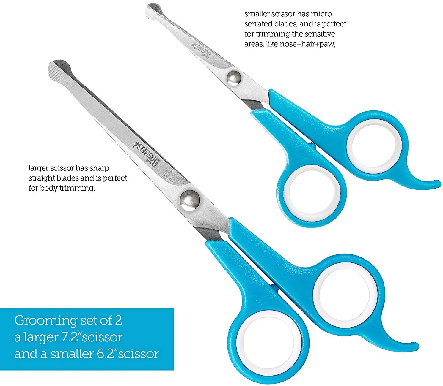 Elfirly Dog Grooming Scissors Set - 2 Pet Grooming Scissors – Safe Rounded Tips – 1 Small Micro Serrated Dog Trimming Scissor For Face, Ear, Nose & Paw   1 Larger Dog Scissor