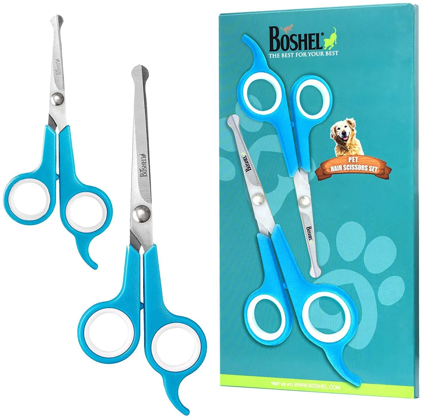 Elfirly Dog Grooming Scissors Set - 2 Pet Grooming Scissors – Safe Rounded Tips – 1 Small Micro Serrated Dog Trimming Scissor For Face, Ear, Nose & Paw   1 Larger Dog Scissor