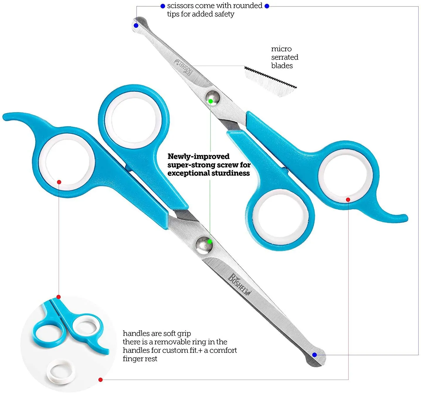 Elfirly Dog Grooming Scissors Set - 2 Pet Grooming Scissors – Safe Rounded Tips – 1 Small Micro Serrated Dog Trimming Scissor For Face, Ear, Nose & Paw   1 Larger Dog Scissor