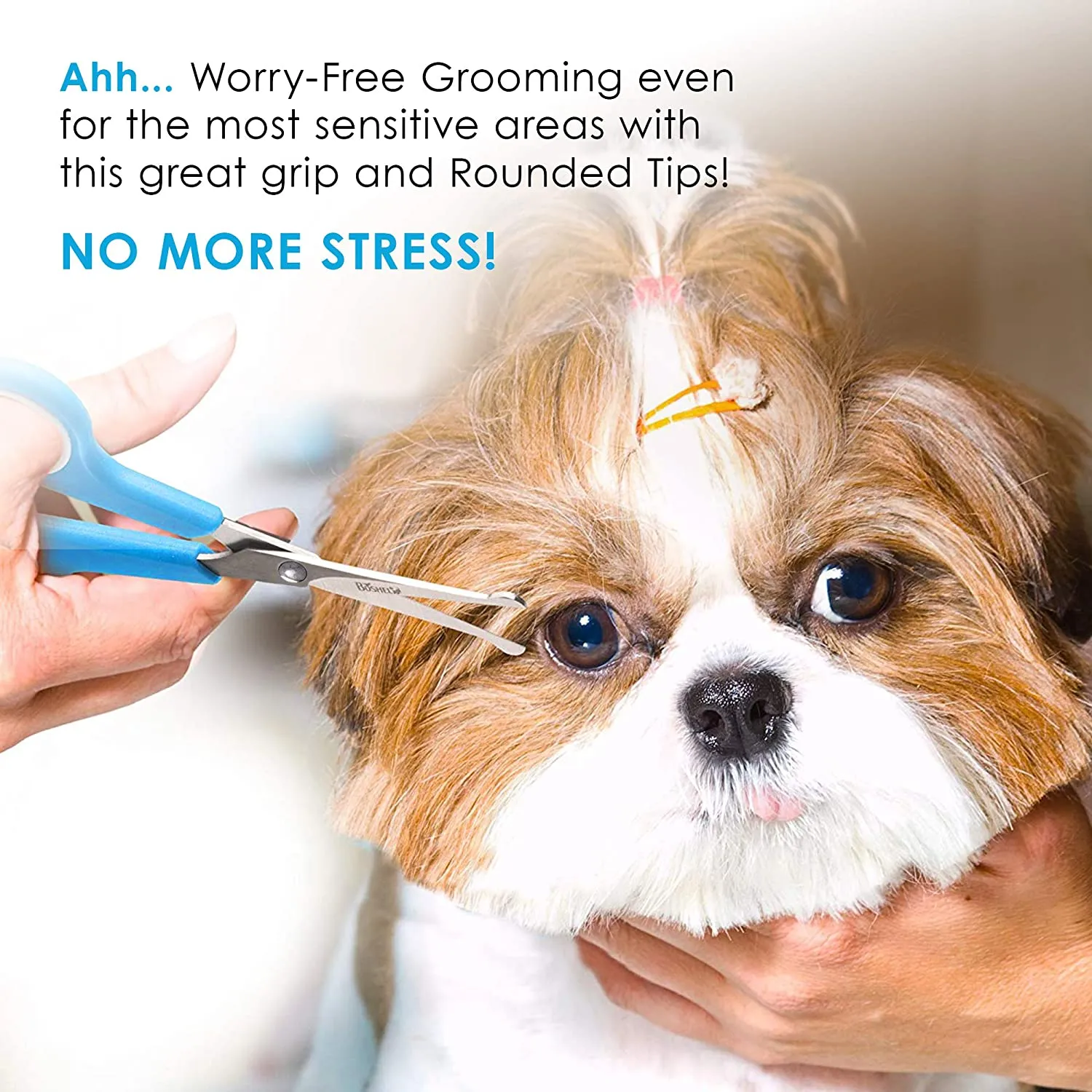 Elfirly Dog Grooming Scissors Set - 2 Pet Grooming Scissors – Safe Rounded Tips – 1 Small Micro Serrated Dog Trimming Scissor For Face, Ear, Nose & Paw   1 Larger Dog Scissor
