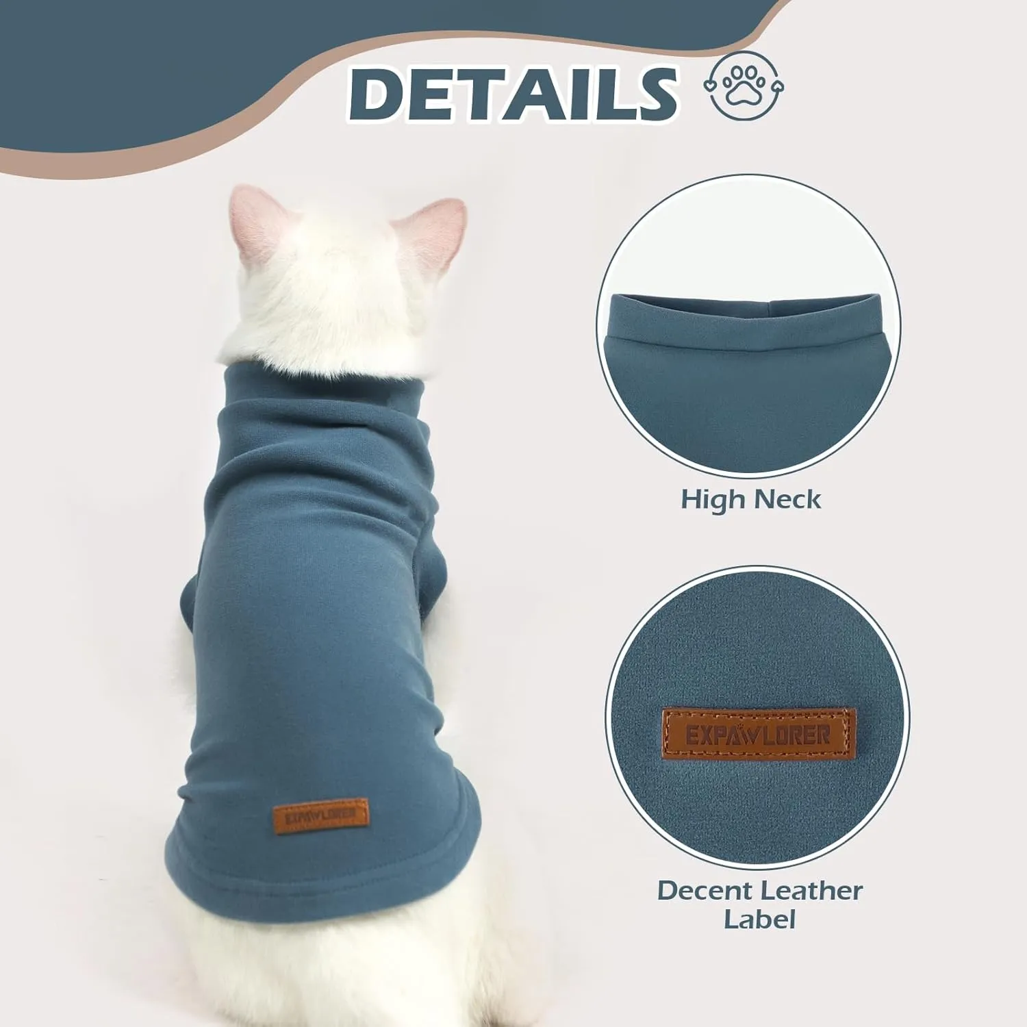 EXPAWLORER Soft Cat Sweater - Cat Sweaters - Warm Clothes for Cats & Small Dogs, Pregnant Dogs Included, Winter Pullover Design, Soft Fleece Sweatshirt, Blue Size S