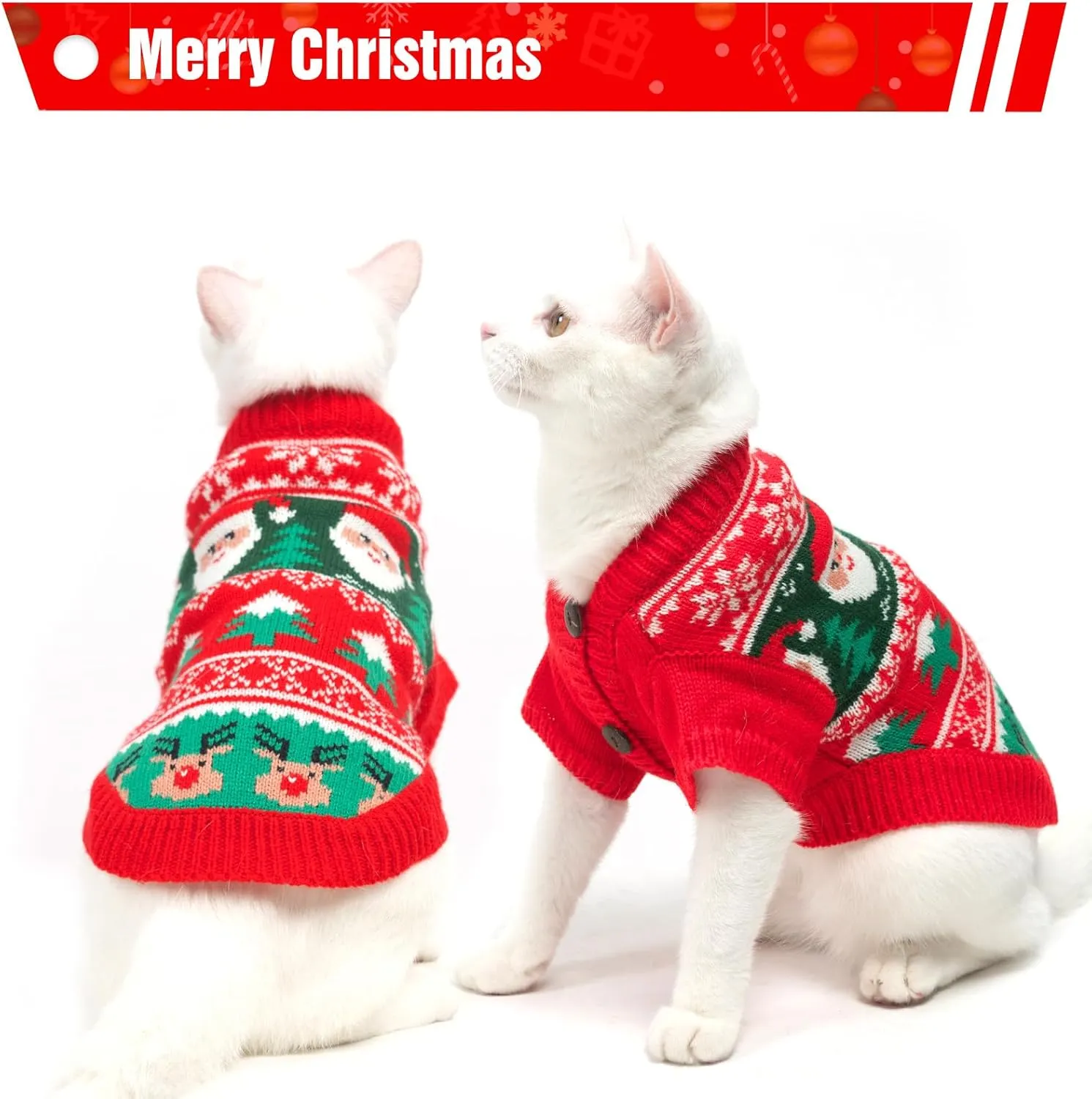 EXPAWLORER Stylish Knitted Cat Christmas Sweater - Soft Clothes for Cats, Kitten Xmas Sweater with Sleeve Warm Apparel, Small