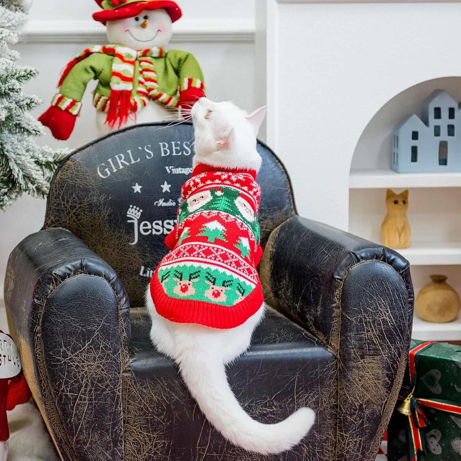 EXPAWLORER Stylish Knitted Cat Christmas Sweater - Soft Clothes for Cats, Kitten Xmas Sweater with Sleeve Warm Apparel, Small