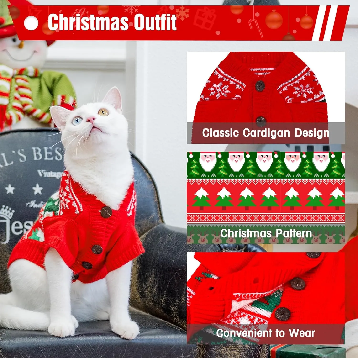 EXPAWLORER Stylish Knitted Cat Christmas Sweater - Soft Clothes for Cats, Kitten Xmas Sweater with Sleeve Warm Apparel, Small