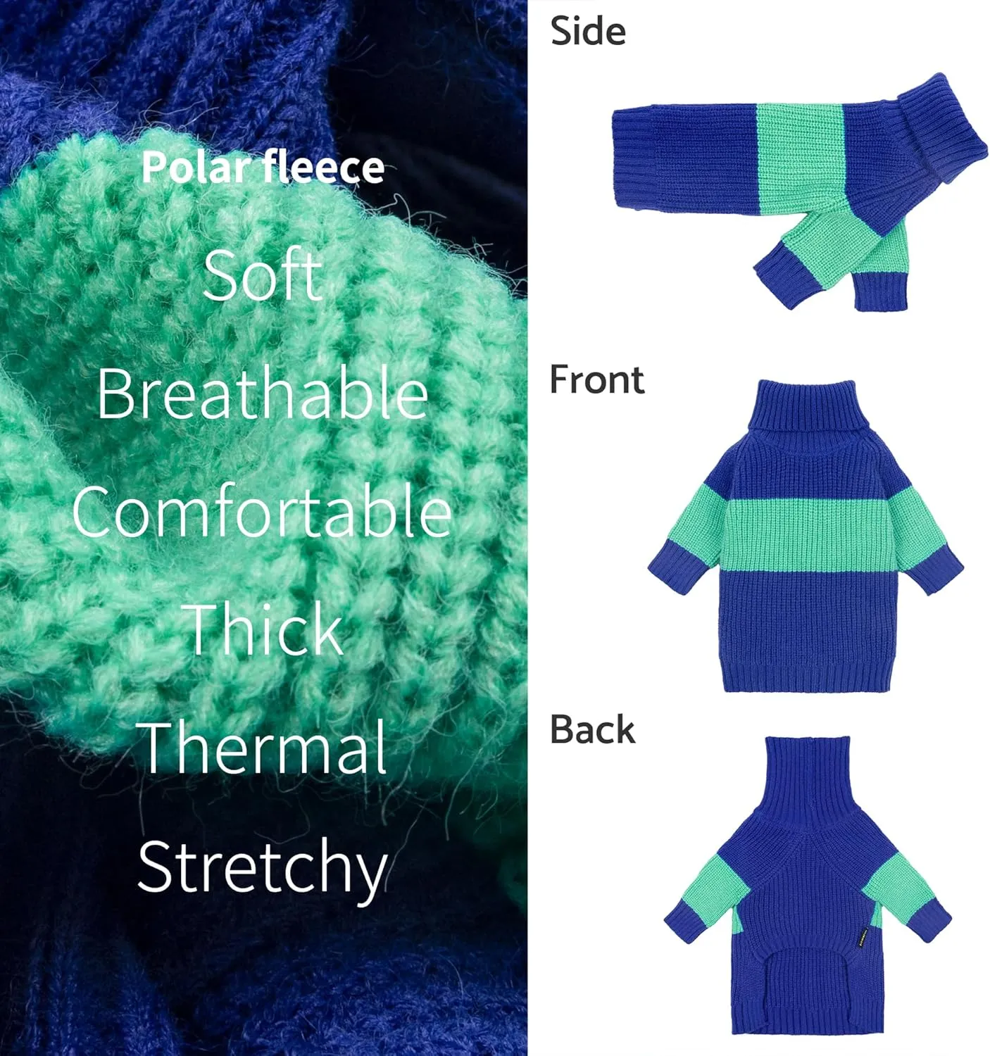 Fitwarm Color Block Dog Sweater, Thermal Dog Winter Clothes for Small Dogs Boy Girl, Soft Turtleneck Sweater for Dog, Pet Outfit, Royal Blue, Turquoise Green, Large
