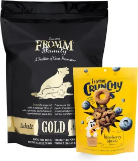 Fromm Adult Gold Dry Dog Food 5 lb Bag & Crunchy Os Blueberry Blasts Dog Treats 6 oz Bag - Chicken Recipe
