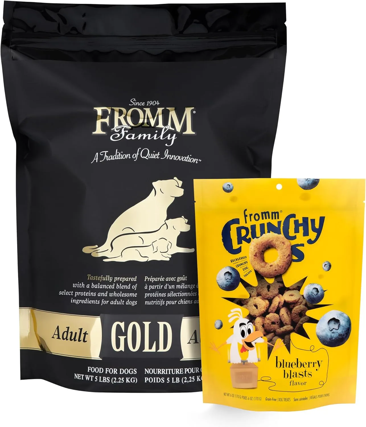 Fromm Adult Gold Dry Dog Food 5 lb Bag & Crunchy Os Blueberry Blasts Dog Treats 6 oz Bag - Chicken Recipe