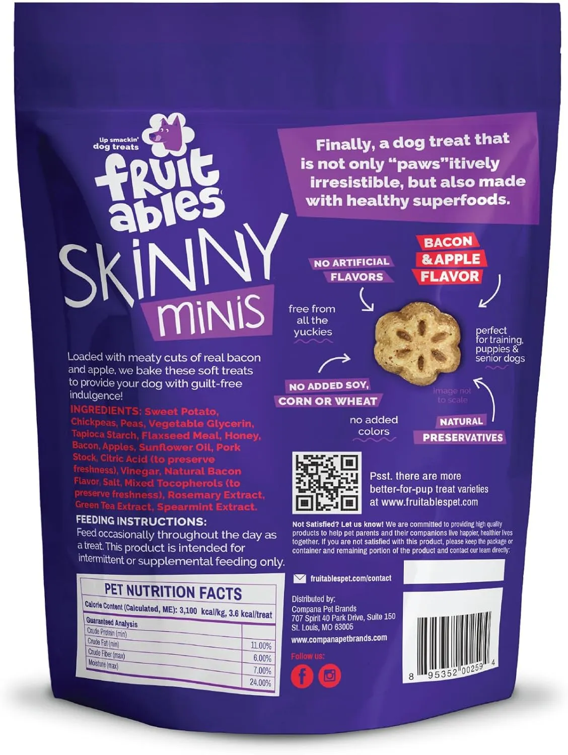 Fruitables Skinny Mini Dog Treats, Healthy Sweet Potato Treat for Dogs, Low Calorie & Delicious, Puppy Training, Free of Wheat, Corn and Soy, Made in the USA, Bacon and Apple Flavor, 12oz