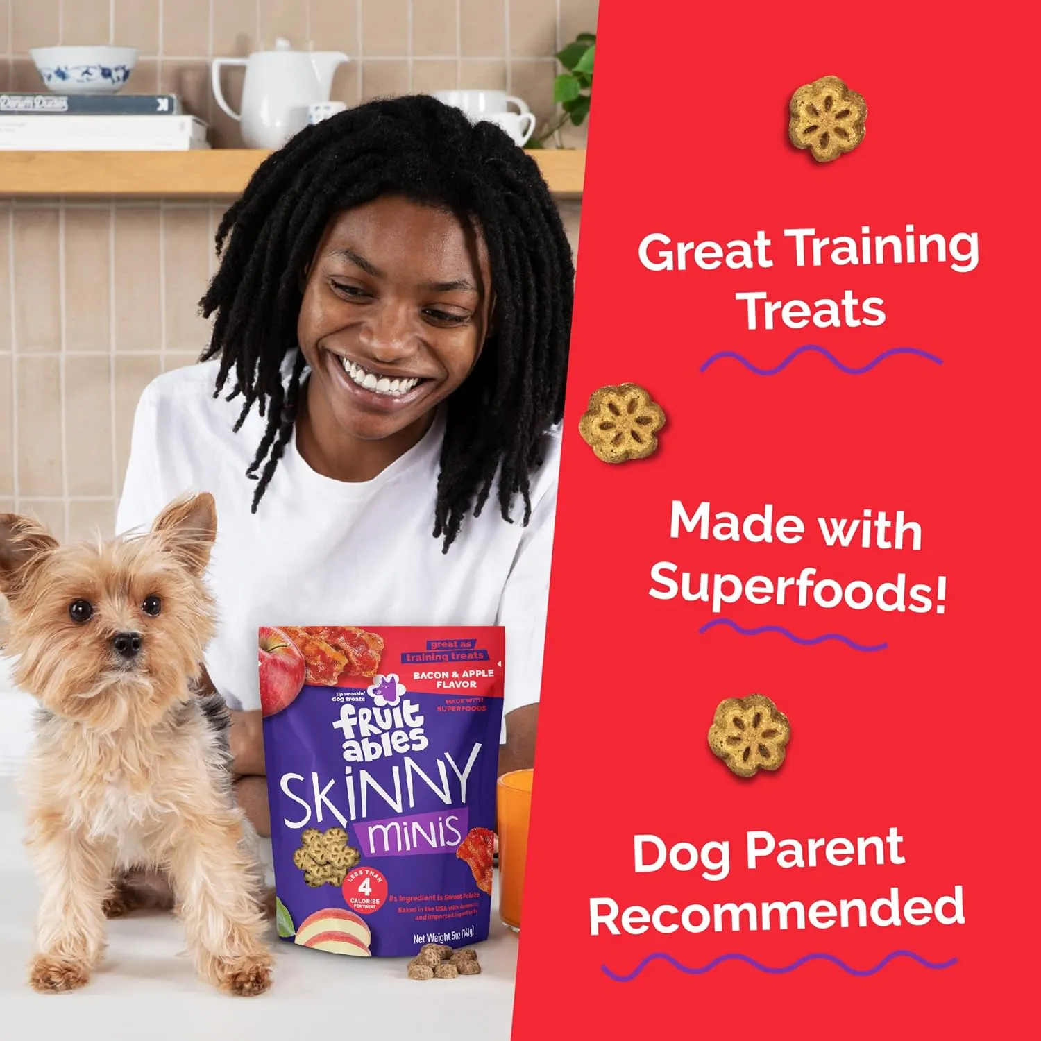 Fruitables Skinny Mini Dog Treats, Healthy Sweet Potato Treat for Dogs, Low Calorie & Delicious, Puppy Training, Free of Wheat, Corn and Soy, Made in the USA, Bacon and Apple Flavor, 12oz