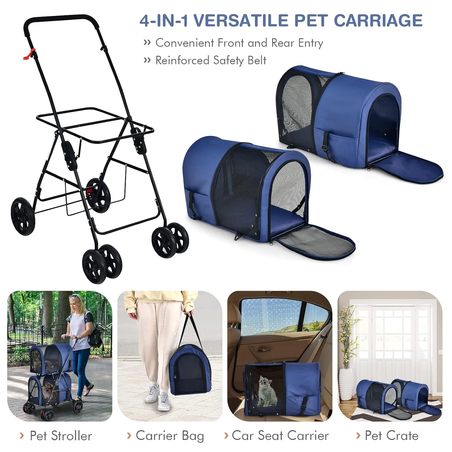 Giantex Double Pet Stroller with 2 Detachable Carrier Bags, Safety Belt, 4 Lockable Wheels, Folding Cat & Dog Stroller for Small Medium Pets, Cats Dogs Puppy Travel Strolling Cart (Navy)