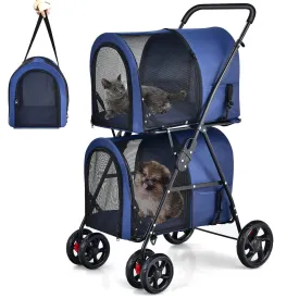 Giantex Double Pet Stroller with 2 Detachable Carrier Bags, Safety Belt, 4 Lockable Wheels, Folding Cat & Dog Stroller for Small Medium Pets, Cats Dogs Puppy Travel Strolling Cart (Navy)