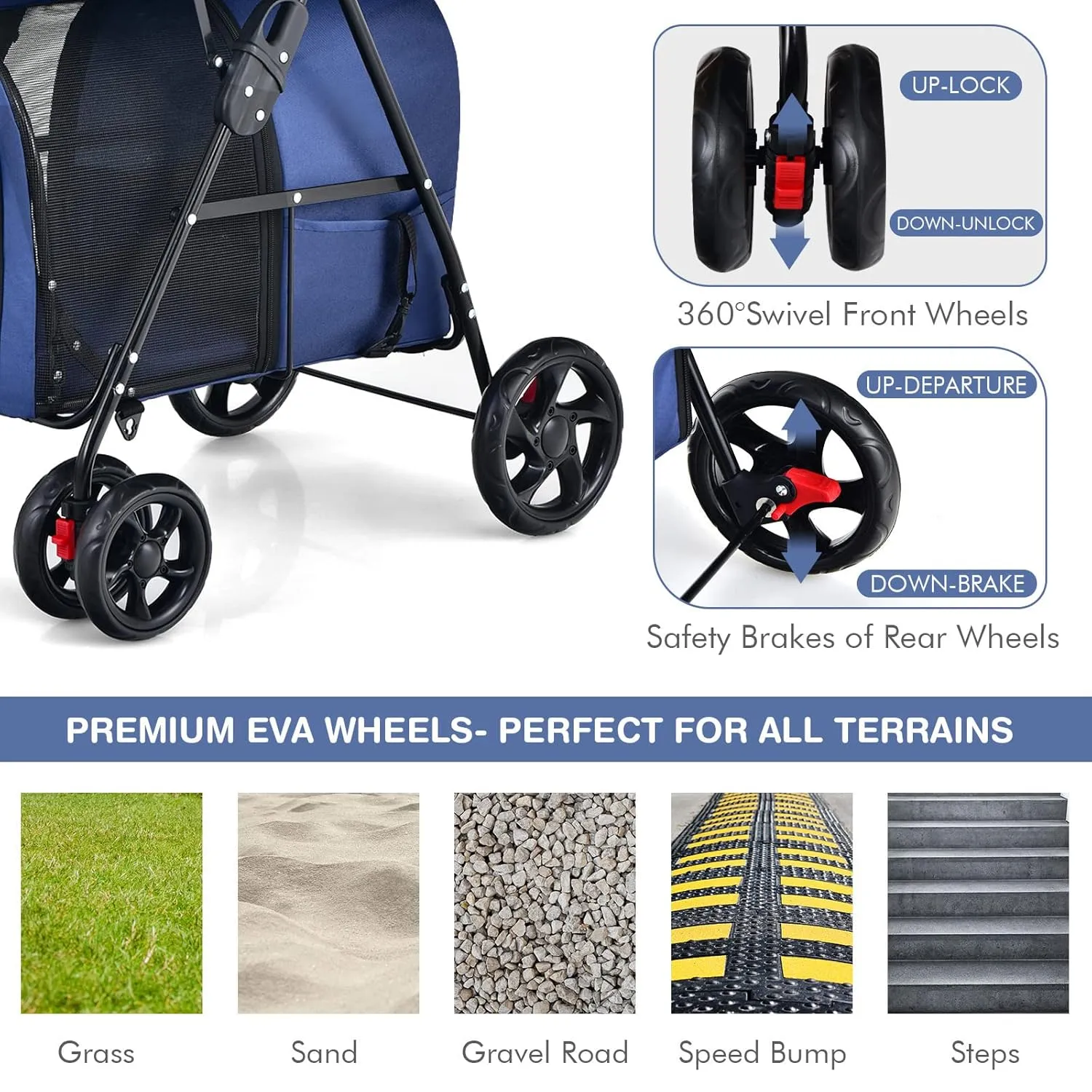 Giantex Double Pet Stroller with 2 Detachable Carrier Bags, Safety Belt, 4 Lockable Wheels, Folding Cat & Dog Stroller for Small Medium Pets, Cats Dogs Puppy Travel Strolling Cart (Navy)