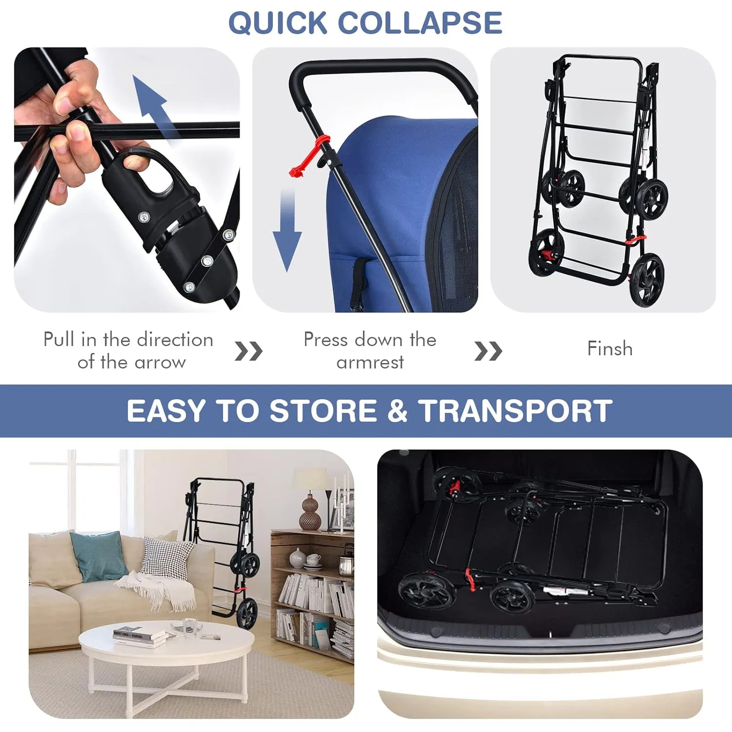 Giantex Double Pet Stroller with 2 Detachable Carrier Bags, Safety Belt, 4 Lockable Wheels, Folding Cat & Dog Stroller for Small Medium Pets, Cats Dogs Puppy Travel Strolling Cart (Navy)