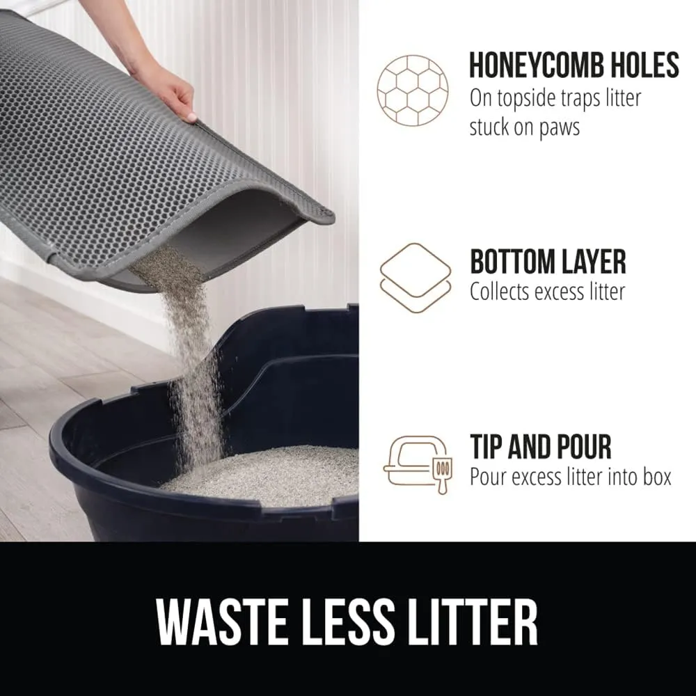 GORILLA GRIP Honeycomb Cat Litter Mat 35x24, Two Layer Trapping Waste Mats, Soft On Paws, Indoor Box Supplies and Essentials, Feeding Trap, Water Resistant on Floors, Gray