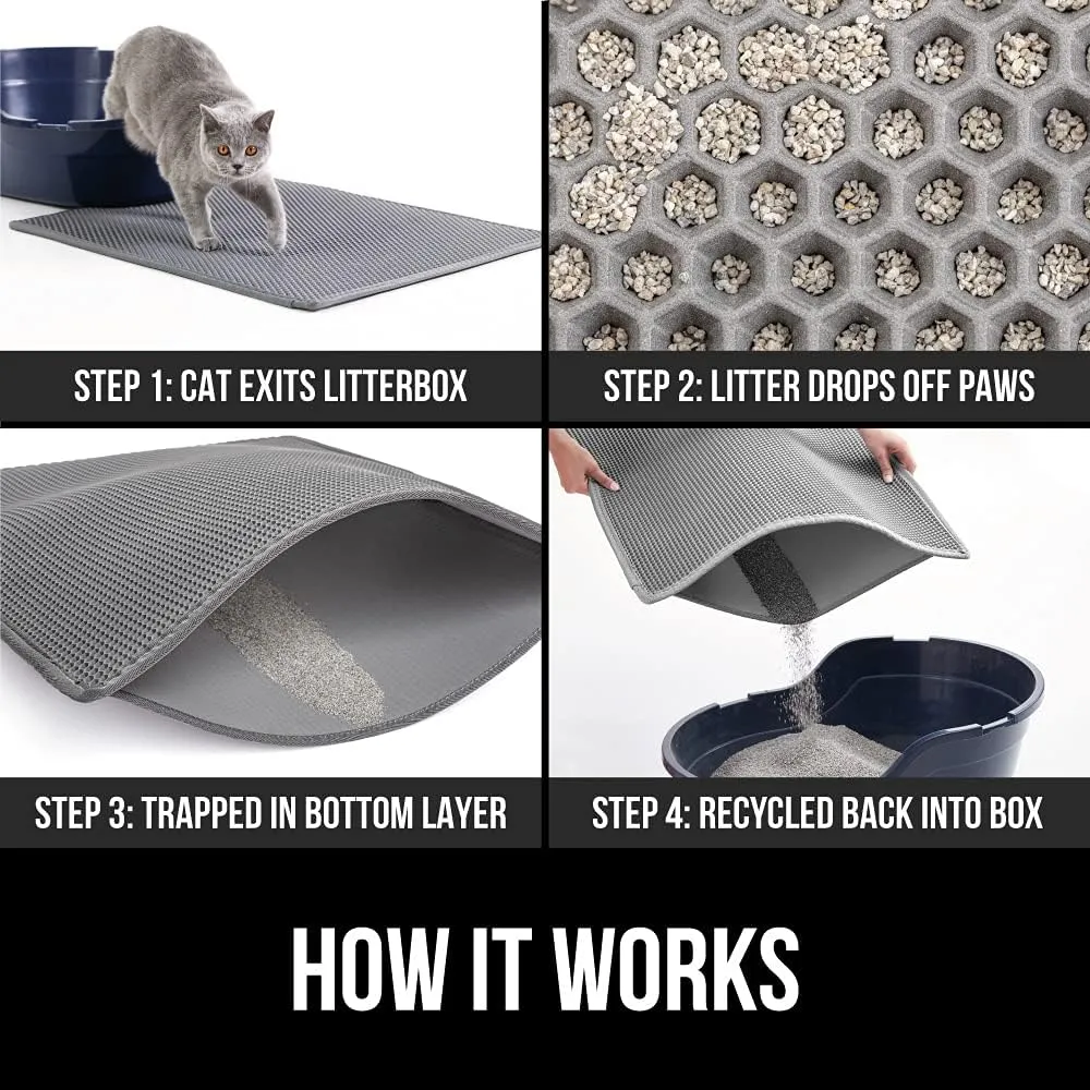 GORILLA GRIP Honeycomb Cat Litter Mat 35x24, Two Layer Trapping Waste Mats, Soft On Paws, Indoor Box Supplies and Essentials, Feeding Trap, Water Resistant on Floors, Gray