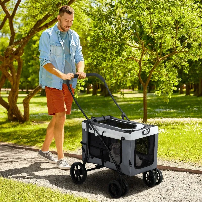 Grey Foldable Dog Stroller with Detachable Carrier for Mini Dogs