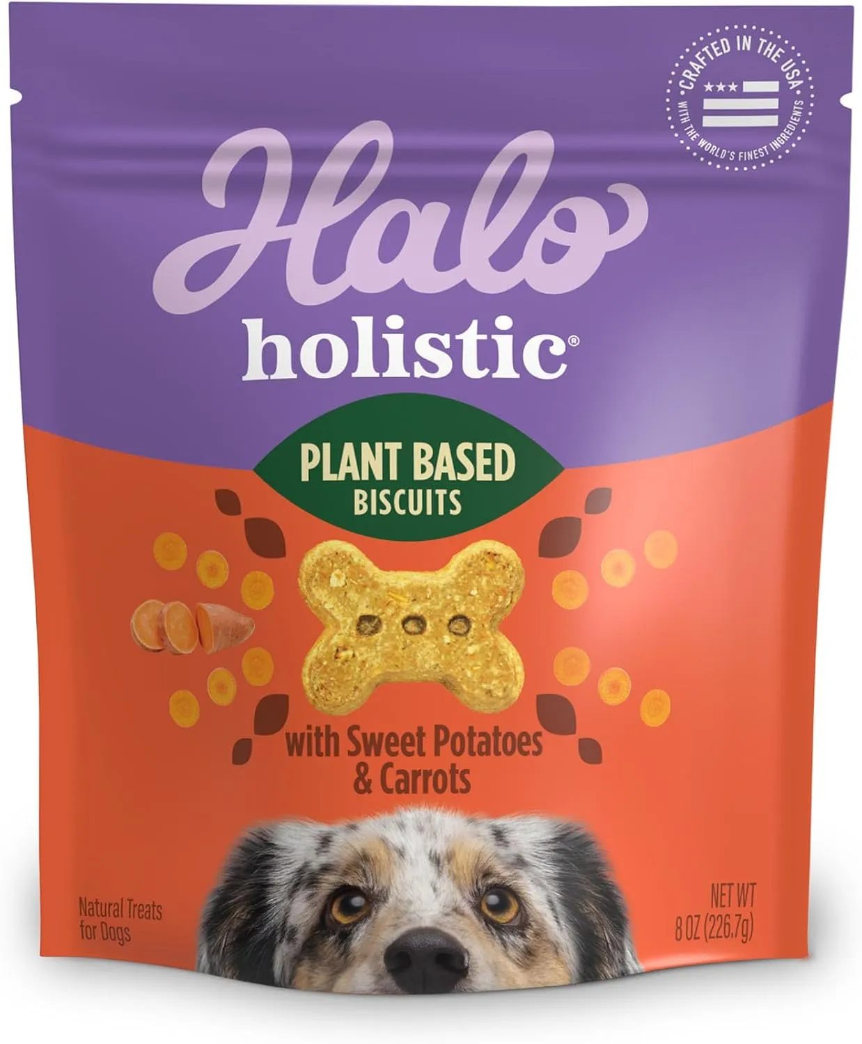 Halo Holistic Vegan Dog Treats, Plant-Based Dog Treat with Sweet Potato & Carrots, Vegan Treat Pouch, 8 Oz bag