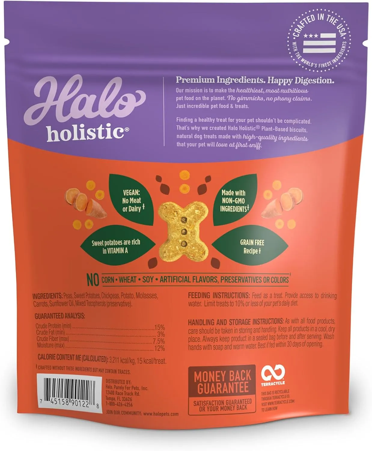Halo Holistic Vegan Dog Treats, Plant-Based Dog Treat with Sweet Potato & Carrots, Vegan Treat Pouch, 8 Oz bag