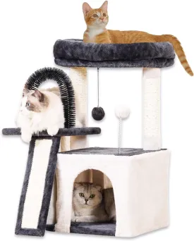 Happi N Pets Cat Tree Tower for Indoor Cats, Multi-Level Cat Tree with Scratching Posts & Condos, Cozy Cat Perch, Self Groomer and Interactive Toys, Featuring with Large Cat Cave, Light Gray