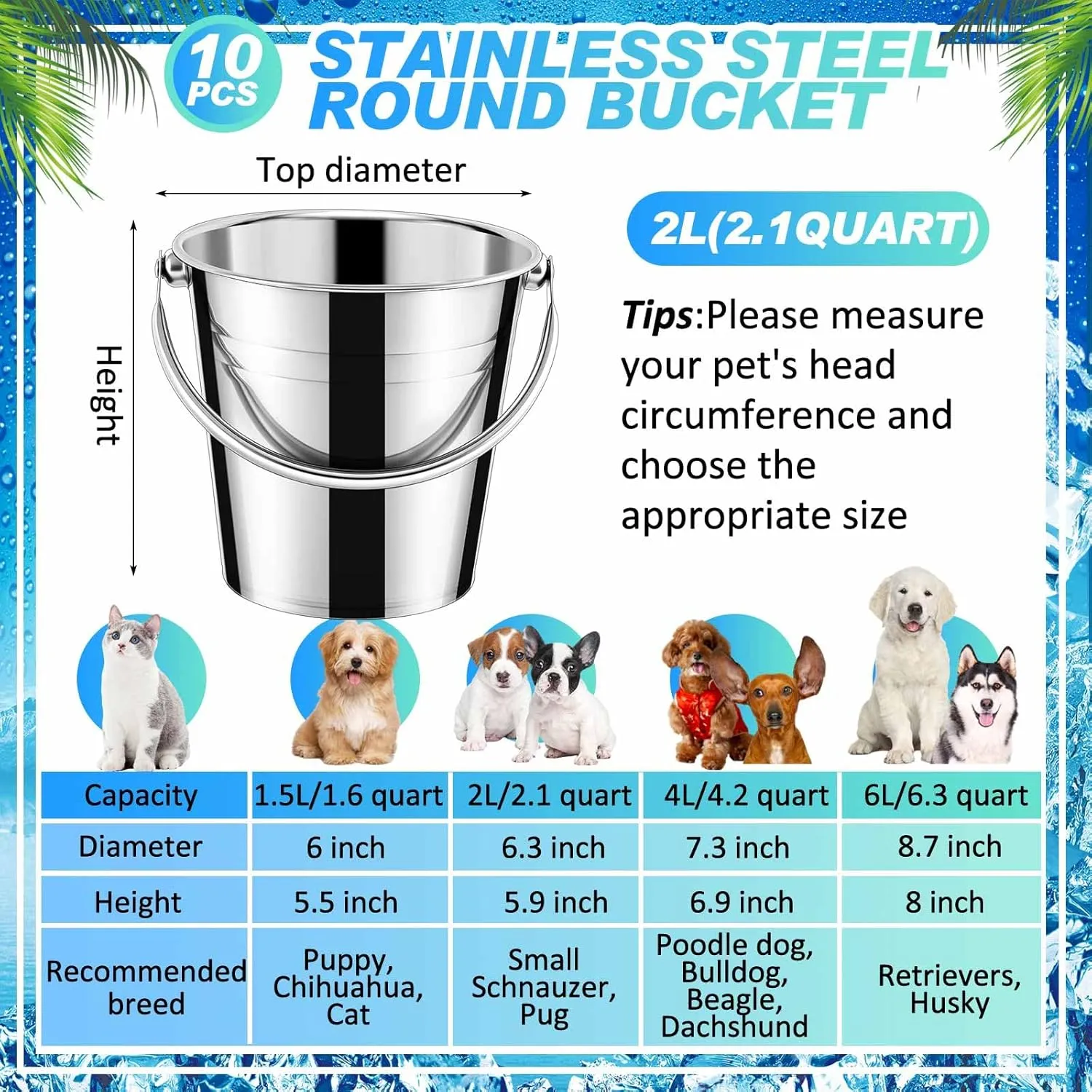 Hicarer 10 Pcs Dog Stainless Steel Bucket Heavy Duty for Dogs Water Metal Bucket with Handle Small Metal Pail for Pet Food and Water Storage Milking Goats Small Animals (2.1 Quart)