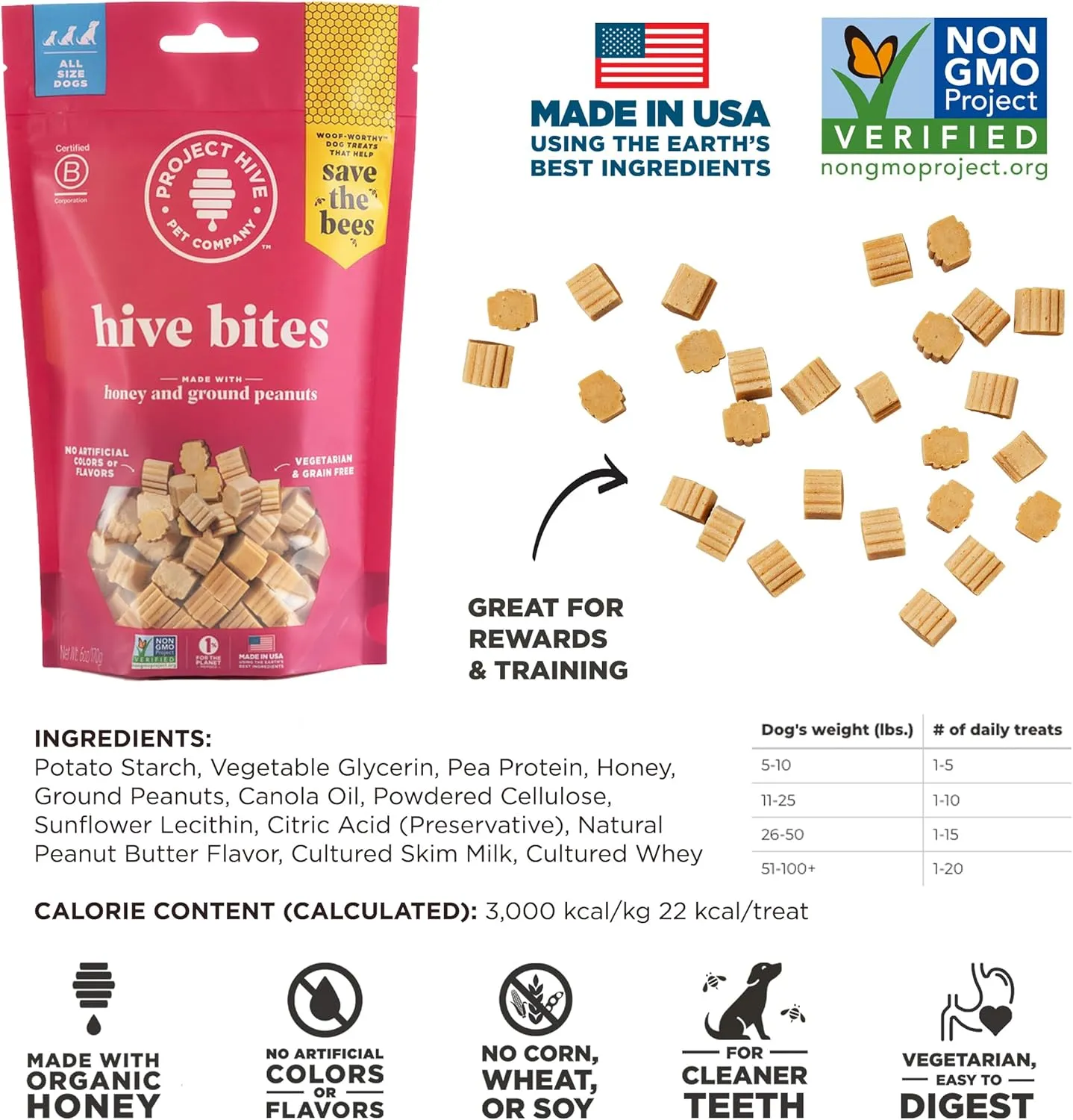 Hive Dog Training Treats  Healthy, Non-GMO Project Verified, Natural Peanut Butter Flavored, Vegetarian, Grain Free Dog Treat for Small and Large Dogs, Made in The USA