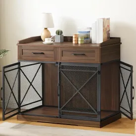 HOOBRO Heavy Duty Dog Crate Furniture, 39.4 Dog Kennel with Drawers, Wooden Dog Cage Indoor Side End Table for Medium Large Dogs, Triple Door Design, Walnut and Black WL106GW03