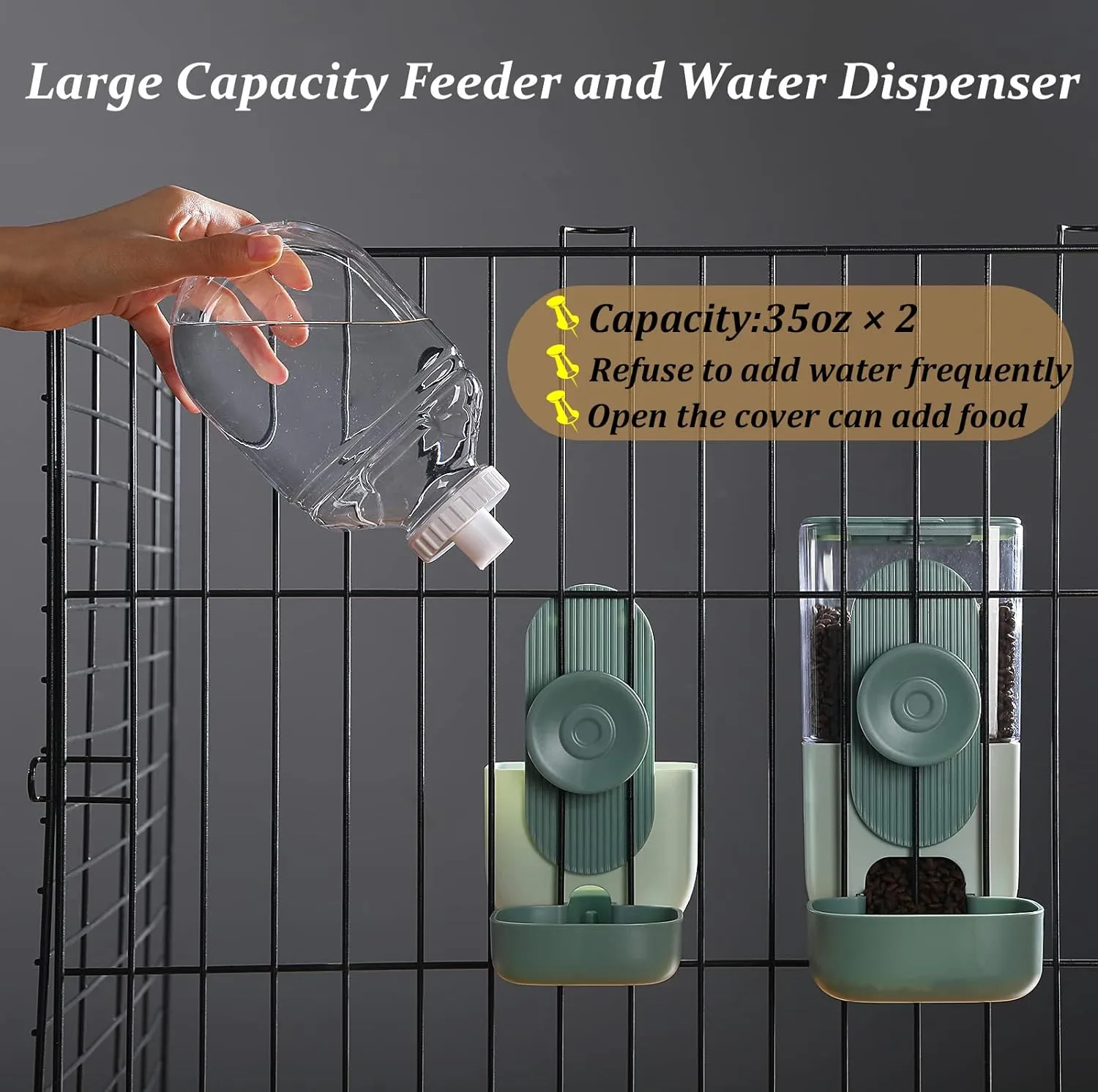 Kenond 35oz Hanging Automatic Pet Food Water Dispenser, Auto Gravity Pet Feeder and Waterer Set, Cage Cat Food Bowl Dog Feeding Station for Puppy and Kitten Rabbit Chinchilla Hedgehog Ferret (Green)