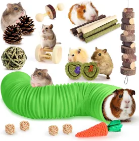 Kyouki Hamster Toys Guinea Pig Toys Set with Tunnel, Chewable Apple Wood & Natural Timothy Hay - Enrichment Chew Toys for Small Animals - 24  Cage Accessories for Teeth Care & Boredom Relief (Green)