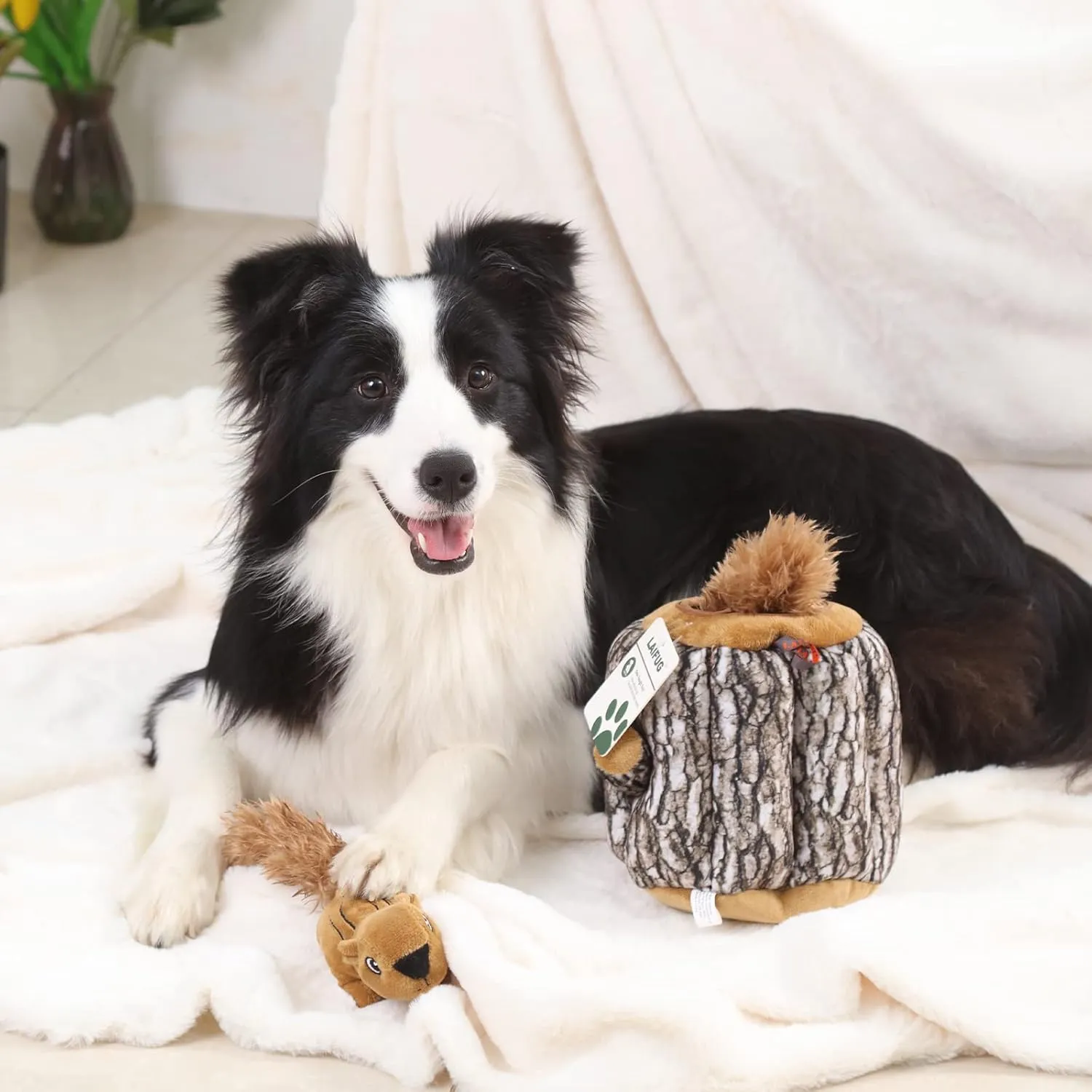 Laifug Hidden Squirrel Plush Dog Toy Interactive Squeaky Dog Toy Hide and Seek, L