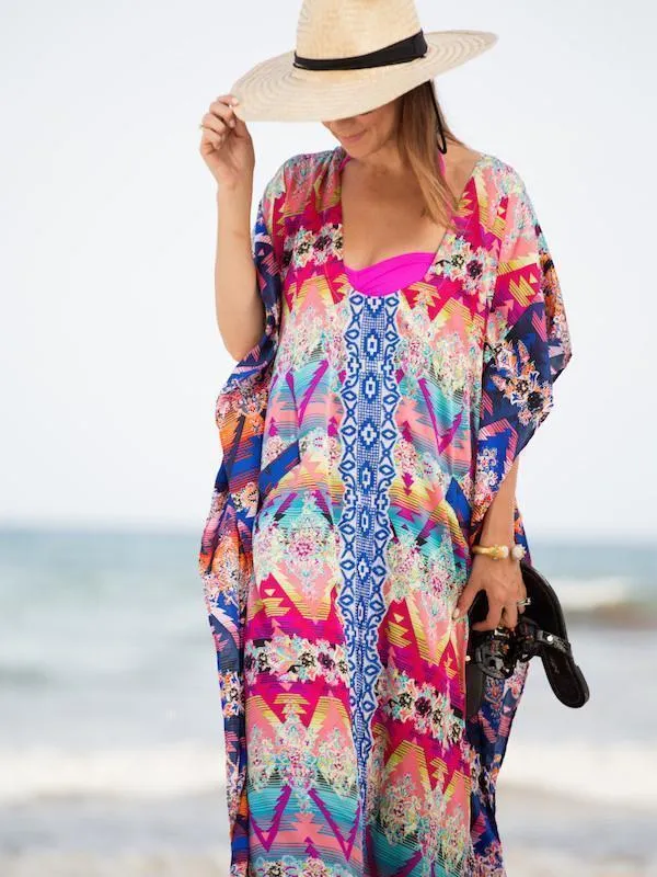 Loose Waist Bohemia Red and Blue Maxi Beach Dress