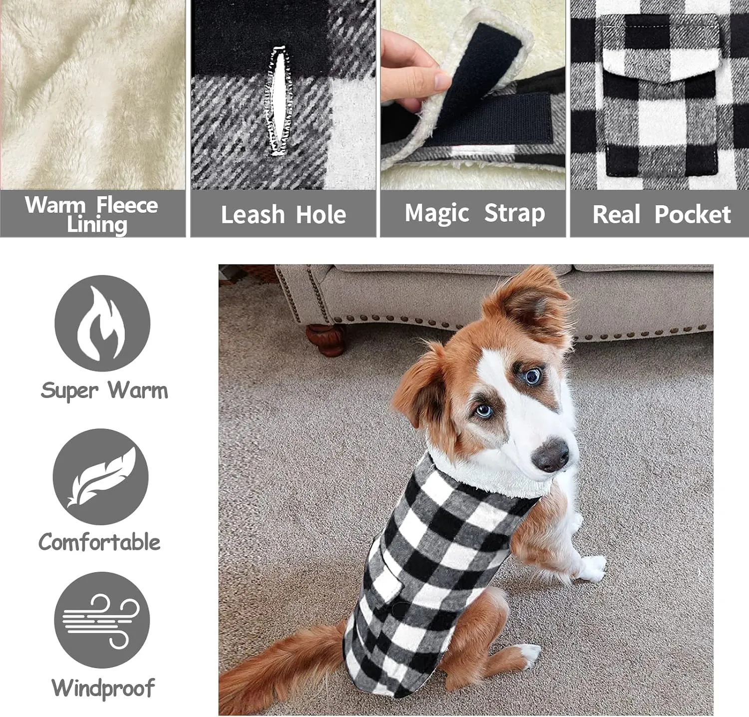 Malier Dog Winter Coat, Classic Plaid Fleece Dog Cold Weather Coats Dog Jacket with Pocket, Windprood Warm Dog Coat Vest Winter Pet Clothes Apparel for Small Medium Large Dogs (White, X-Small)