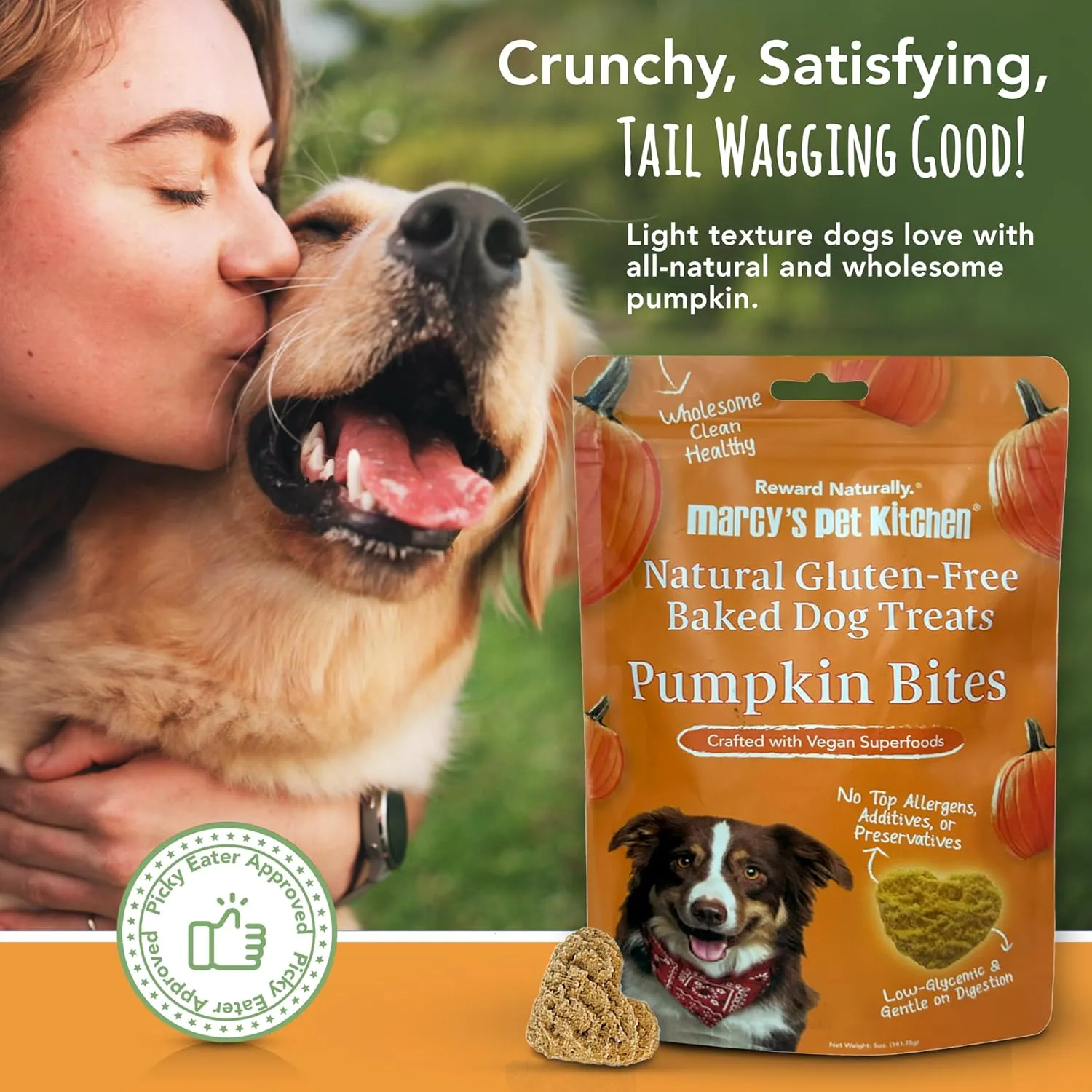 Marcy's Pet Kitchen- Diabetic All Natural, Crunchy, Pumpkin Biscuit Dog Treats - No Preservatives-Crunchy Approved- Vegan, Gluten Free, Human Grade, Made in The USA, Healthy Pumpkin Dog Treats
