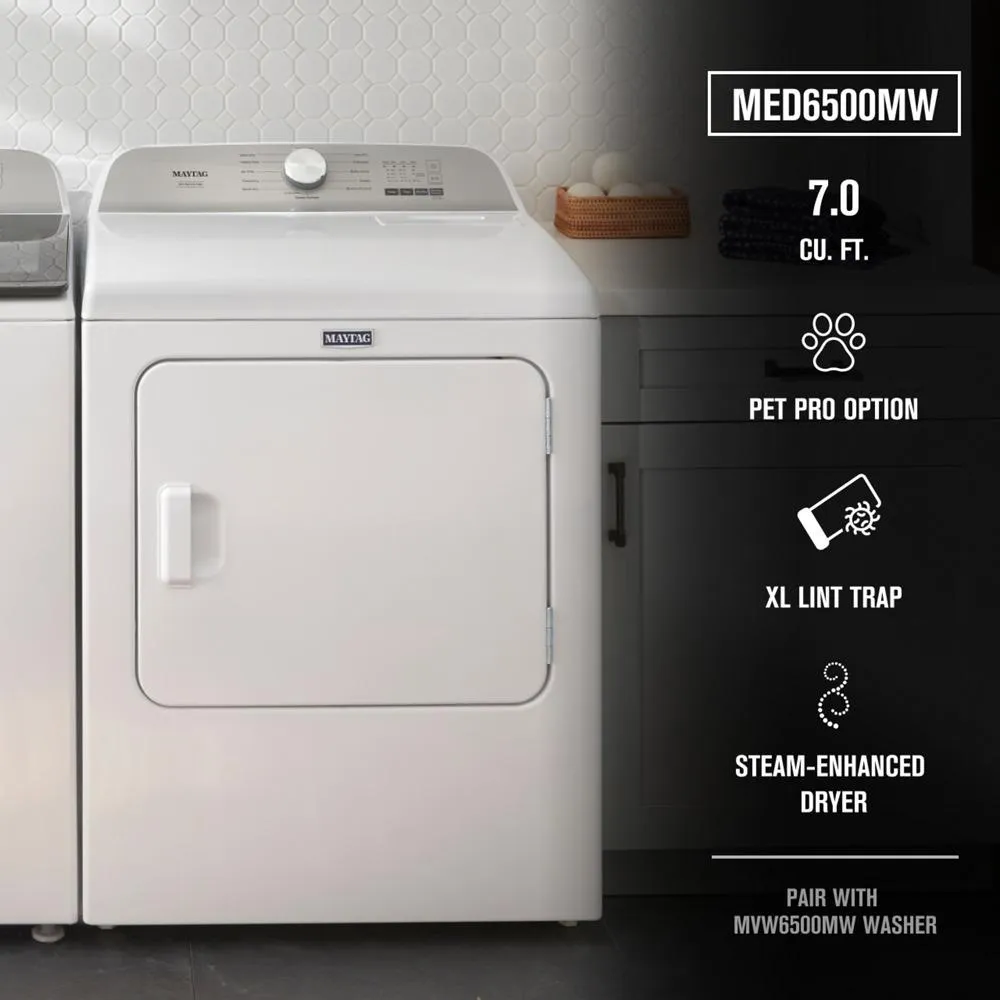 Maytag MED6500MW Pet Pro Top Load Electric Dryer - 7.0 cu. ft.