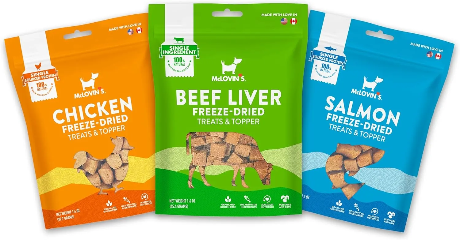 McLovin's Pet Freeze Dried Treats & Topper for Dogs & Cats Variety Pack (Beef Liver 1.6oz, Chicken 1.4oz, Salmon 1.2oz), Single Sourced Protein, Grain-Free, Gluten-Free  Healthy Pet Training Treats