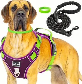 No Pull Dog Harness for Large Dogs,Reflective Oxford Service Vest and Easy Control Handle,Adjustable and Comfortable Soft Padded for Easy Walking,Purple No Choke Pet Harness with 2 Leash Clips,L