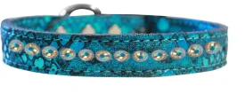 One Row Ab Crystal Jeweled Dragon Skin Genuine Leather Dog Collar Blue Size 10