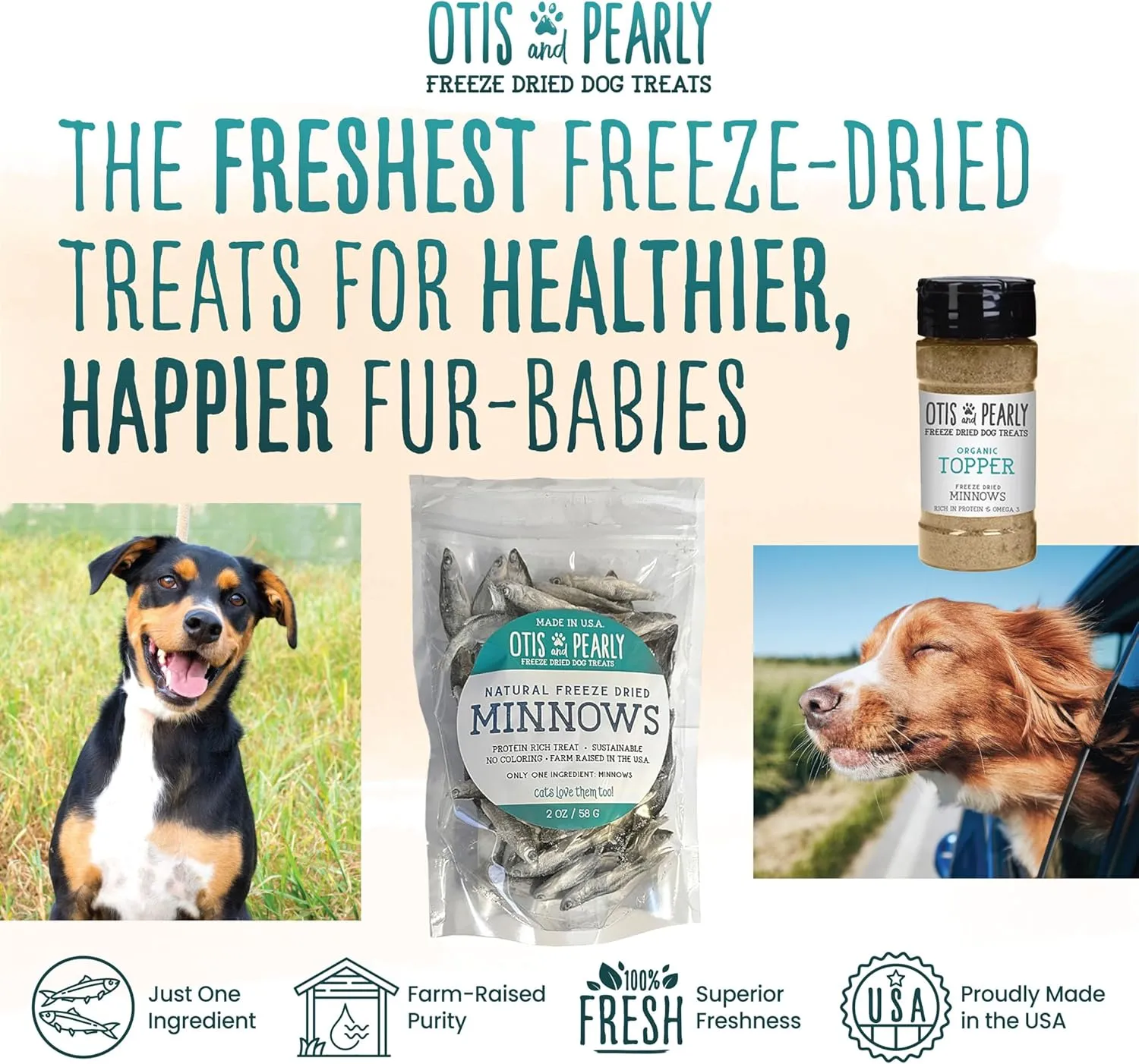 Otis & Pearly Freeze Dried Minnow Dog Treats - Single Ingredient, Made in USA - Healthy Protein Treat for Small, Medium, Large Breeds, Cats (4 oz)
