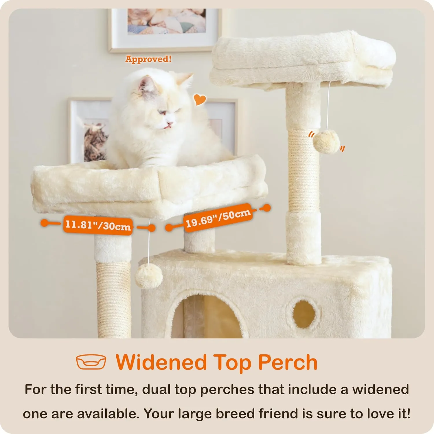 Ouritsu Cat Tree, 57 inch Cat Tower for Large Cat Indoor, 2 Top Perches with 1 Widened, 2 Condos with 1 Enlarged, Steel Frame Hammock, Scratching Posts and Scratching Pad, Beige, LF003WH