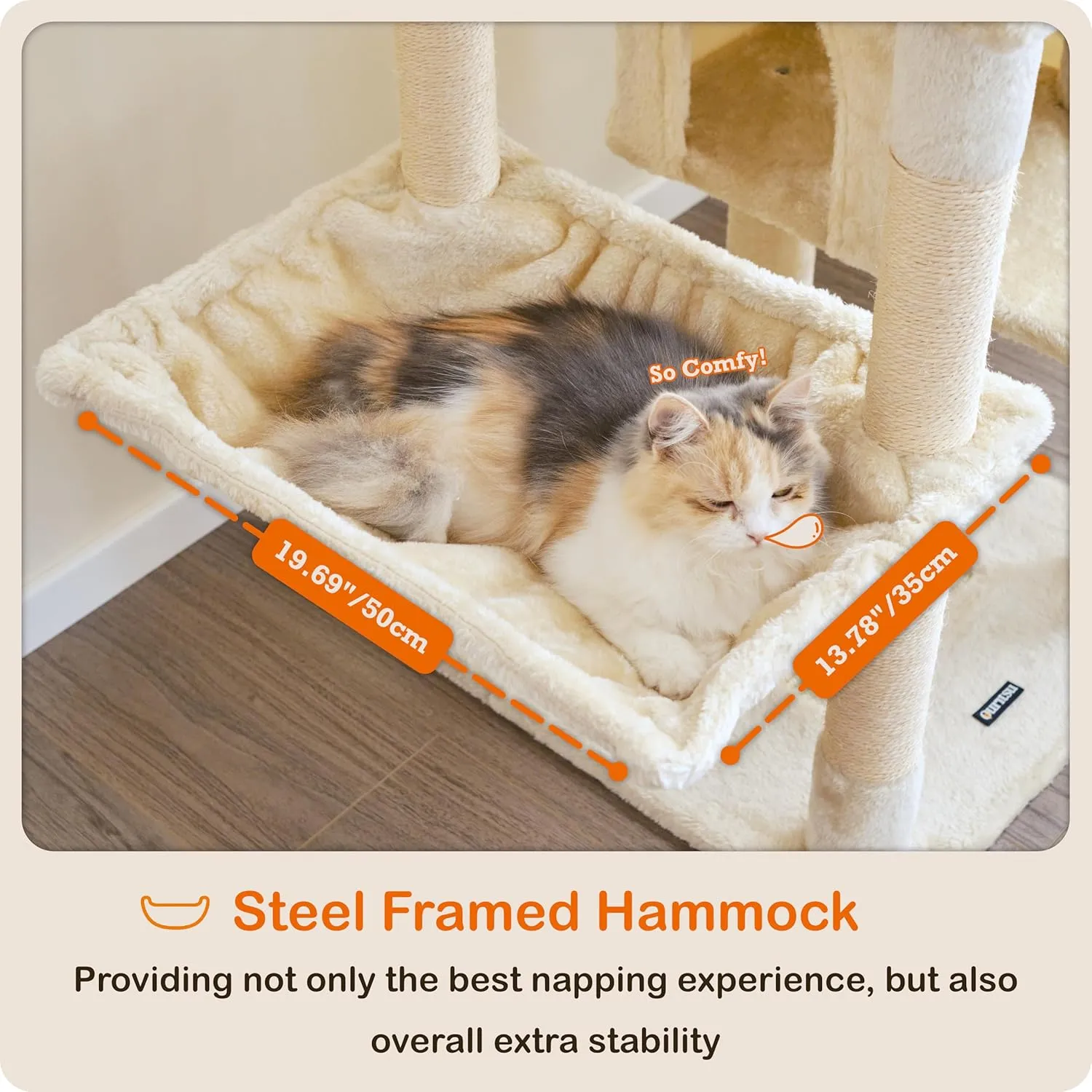 Ouritsu Cat Tree, 57 inch Cat Tower for Large Cat Indoor, 2 Top Perches with 1 Widened, 2 Condos with 1 Enlarged, Steel Frame Hammock, Scratching Posts and Scratching Pad, Beige, LF003WH