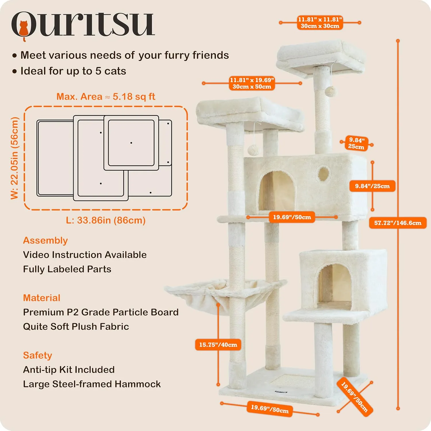 Ouritsu Cat Tree, 57 inch Cat Tower for Large Cat Indoor, 2 Top Perches with 1 Widened, 2 Condos with 1 Enlarged, Steel Frame Hammock, Scratching Posts and Scratching Pad, Beige, LF003WH