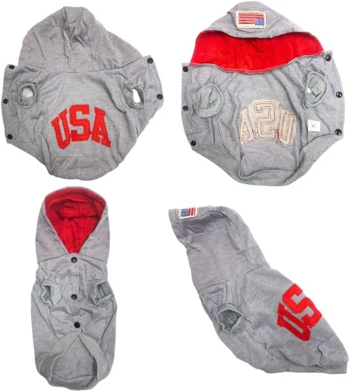 Pet Dog Hoodie with USA Logo, Gray Cotton Sweatshirt, Athletic StyleThin Material (Small)