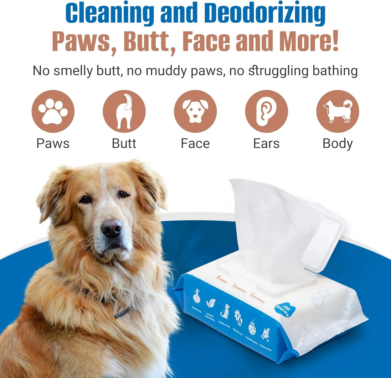 Pet Wipes for Dogs 100Pcs/1Pack  Unscented Dog Wipes with Vitamin E, Chamomile  Gentle Cat Wipes Ideal for Muddy Paws, Face, Dog Eye Wipes, Dog Ear Wipes  Resealable Lid Butt Wipes