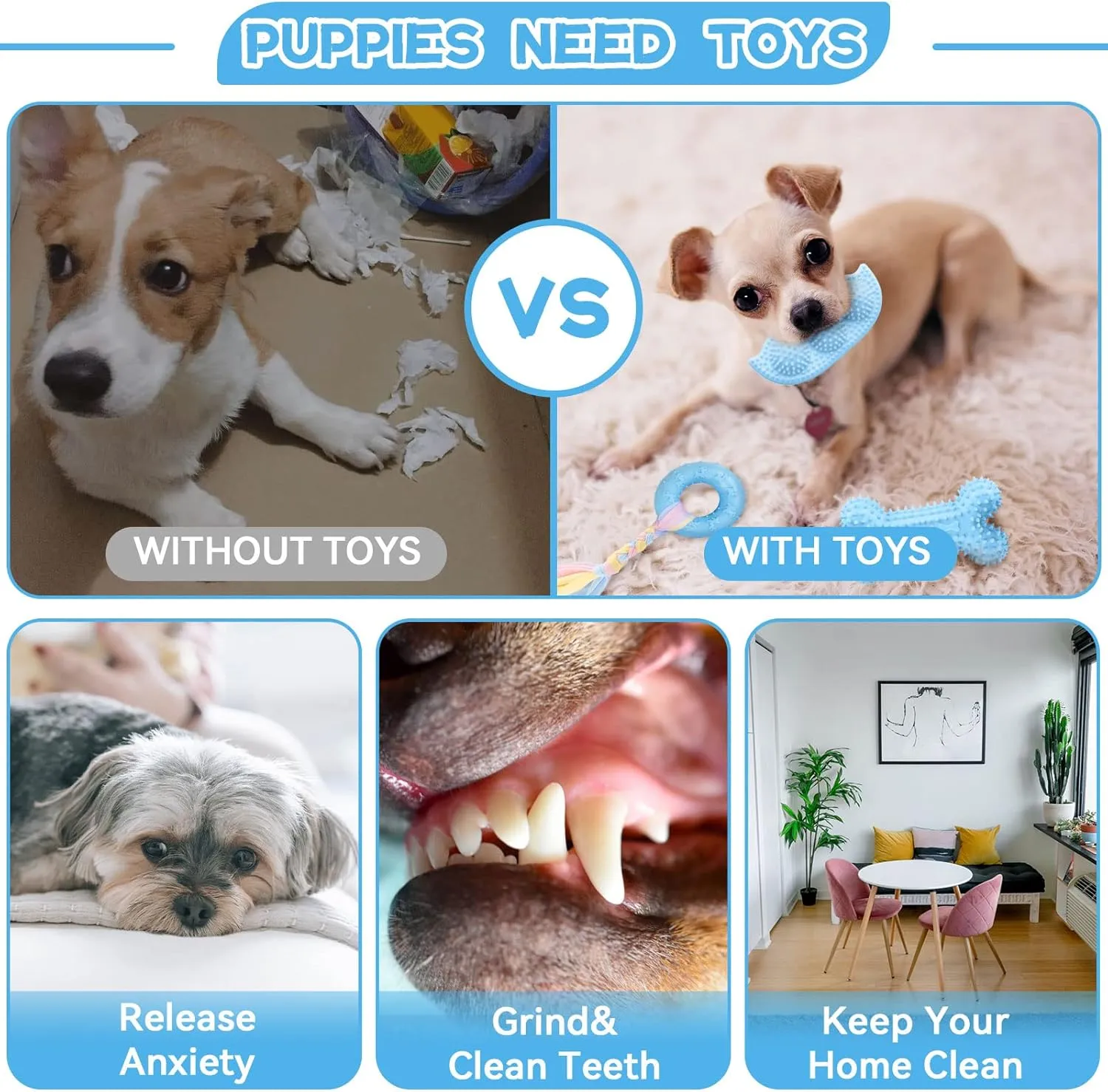 Petcare 6 Pack Puppy Chew Toys - Blue, Soft Rubber Rope & Bone Ball Teething Toys for Small Dogs & Puppies, Including Yorkie